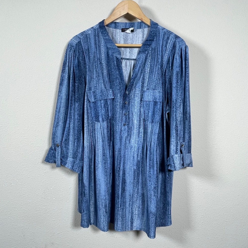 Cocomo Woman Tunic‎ Top Womens 2X Blue White Stripe 3/4 Roll Tab Sleeve Henley